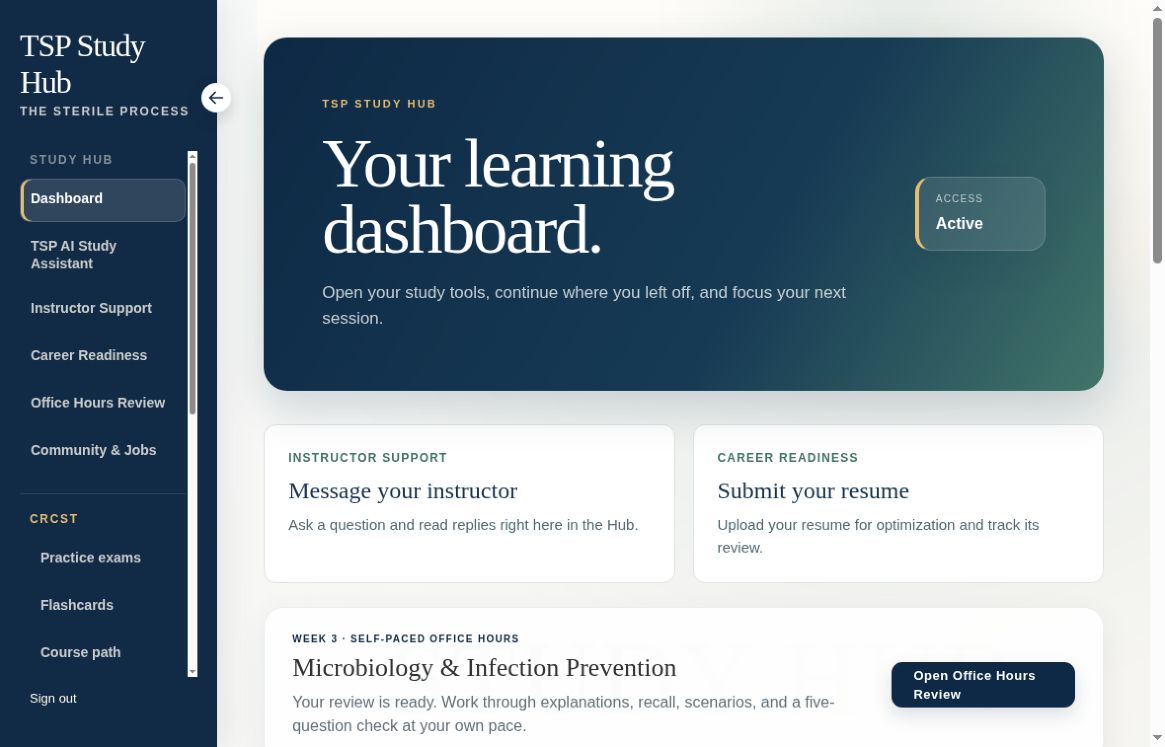 TSP Study Hub dashboard with course navigation, instructor support, and career readiness tools